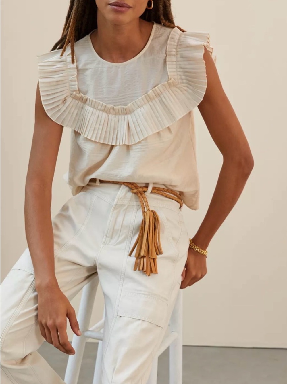 Corey Lynn calter anthropologie Pleated Ruffle Sleeveless Top in Cream